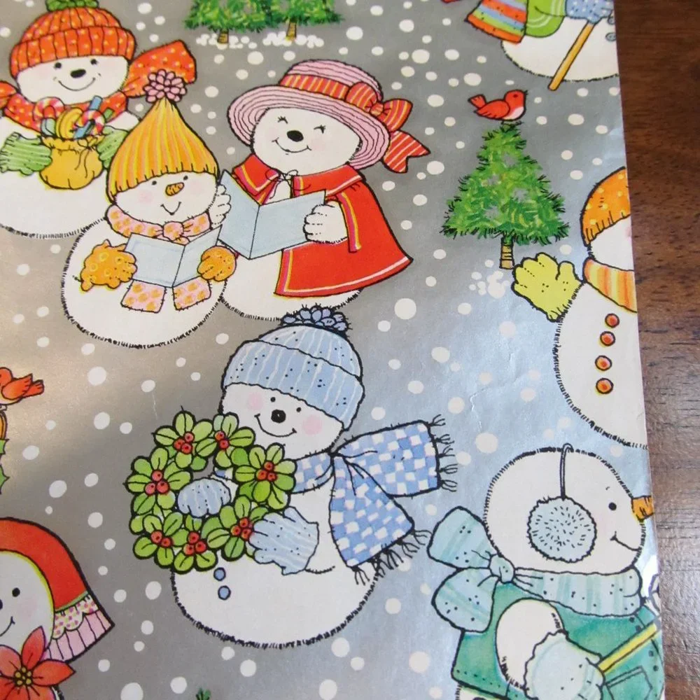 Vintage Hallmark Gift Wrap Paper Partial Roll ~ Snowmen w Trees, Sleds